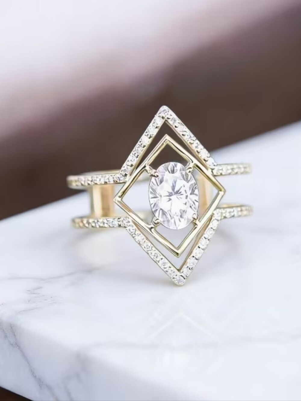 Modern Diamond Shaped Geometric Gold Tone Ring